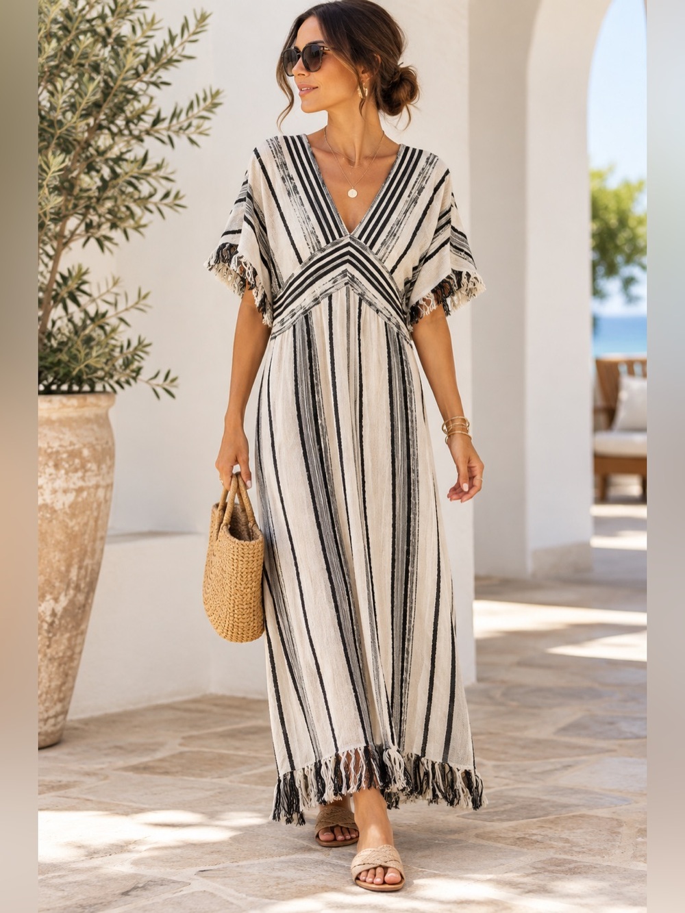 Ada Kamara Striped Fringe Cotton Maxi Dress Black Cream Size M